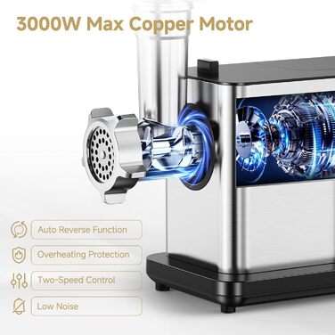 AAOBOSI Electric Meat Grinder - 3000W MAX with LED Display, 3 Speeds, Anti-Clogging Technology, Built-in Storage Box, Sausage Maker & Kibbeh Maker for Home Use
