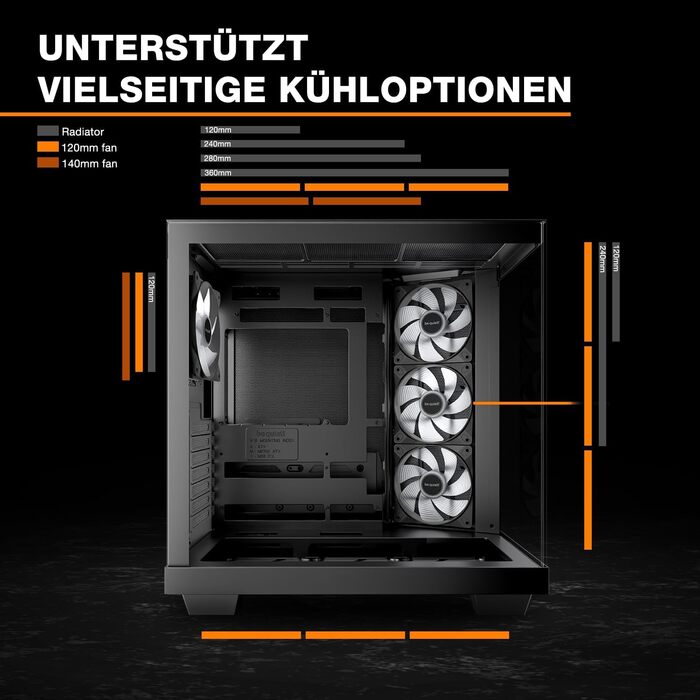 be quiet! Light Base 500 LX: Чорний корпус ПК з повністю прозорою передньою та бічною панелями, Show Case, Dual Chamber Design, 4 вентилятори Pure Wings 3 PWM, без RGB, задній порт-дизайн