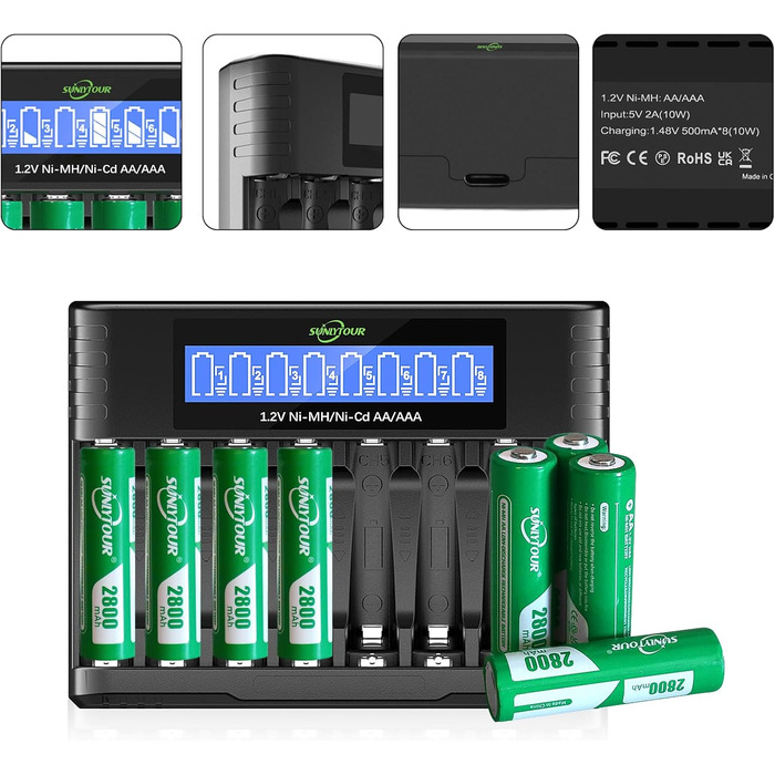8 x 2800mAh акумулятори AA NI-MH SUNLYTOUR з зарядним пристроєм (до 1200 циклів)