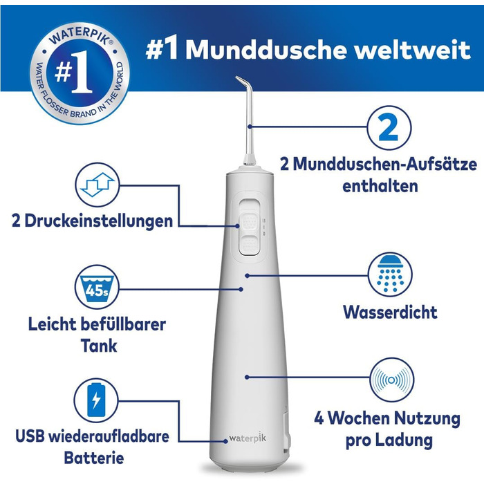Waterpik Pulse Бездротова Іригатор для Рота (Мандюшче) з 2 Насадками, Білий. Професійне видалення нальоту, 2 режими інтенсивності, 45 сек резервуар, для чищення зубів та міжзубних проміжків