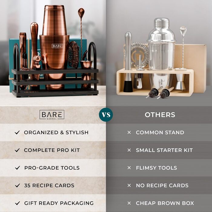 Bare Barrel Cocktail Shaker Set - 14 Piece Bar Set with Boston Shaker, Martini Accessories & Recipe Cards - Home Bartender Kit