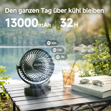 Кліпса-вентилятор EasyAcc 10000mAh з Powerbank: портативний вентилятор для кемпінгу, дитячого візка та гроубоксу, 5 швидкостей, LED-дисплей, 360° гачок, чорний
