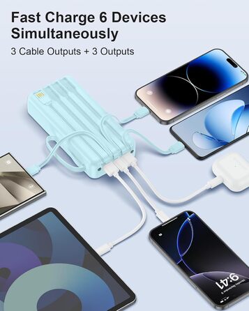 Power Bank 20000mAh, 22.5W, 6 виходів, 2 входи, LED дисплей, сумісний з iPhone, Samsung, Pixel, блакитний