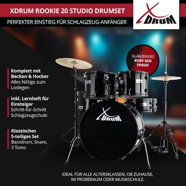 XDrum Rookie – барабанний комплект (барабани 20' BD, 10', 12', 14' TT, 14' SD, тарелки 14' Hi-Hat, 16' Crash-Ride, шкільний курс та комплект демпферів)
