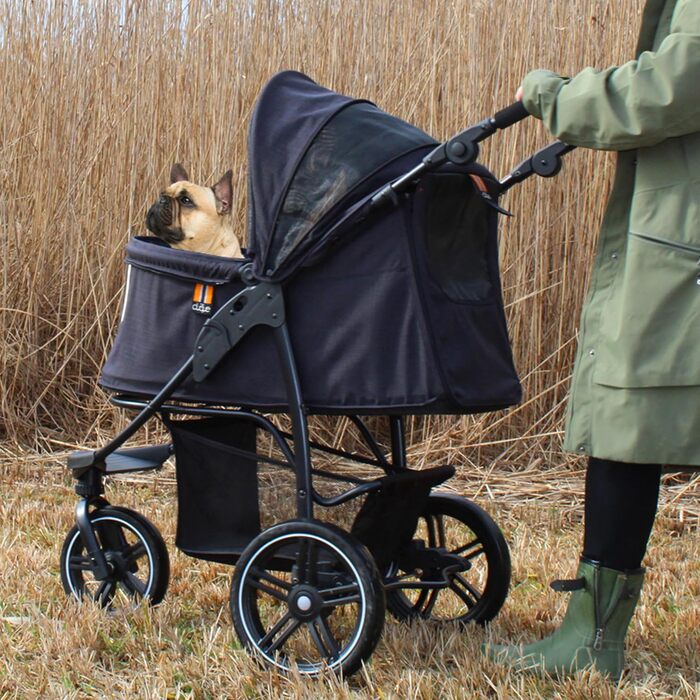 COOPER Складаний собачий візок до 32 кг | Регульована висота ручки, кошик для покупок | М'які ручки, світловідбиваючий дизайн | Ідеальний для транспортування тварин – Чорний