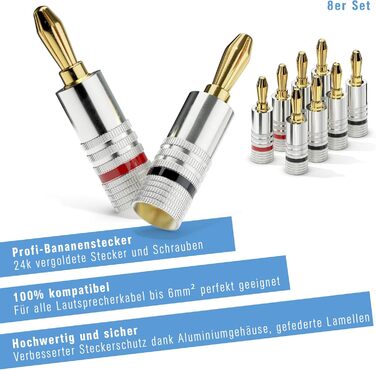 Бананові конектори Sonero® для акустичних кабелів (до 6 мм²), 4 шт. з кольоровим кодуванням (12x червоний, 12x чорний), 24K позолота (8 шт., High-End, комплект з 10 метрів кабелю 2x1.50 мм²)