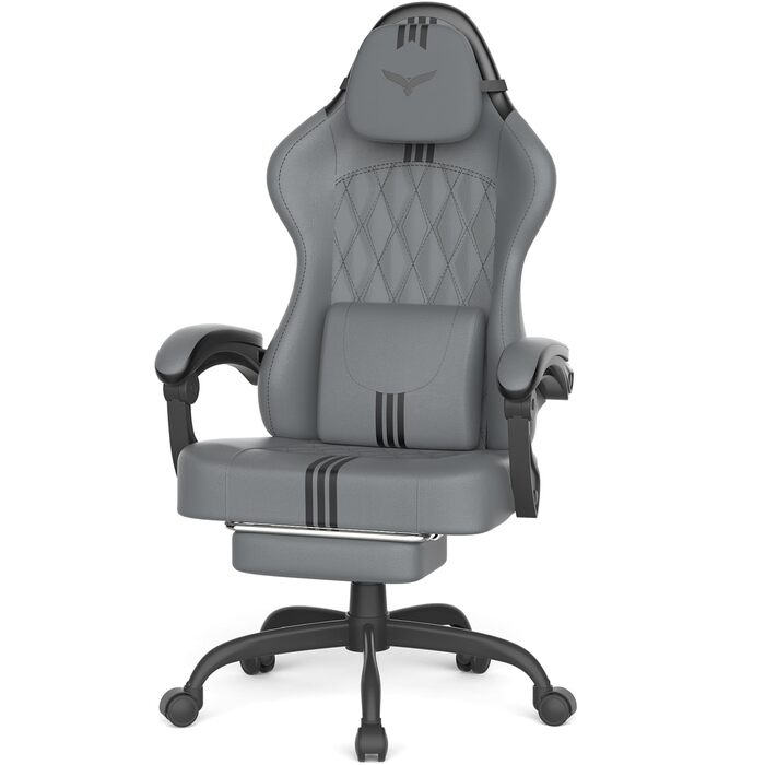 Геймерське крісло Ferghana Ergonomic - з підтримкою попереку, голови та підставкою для ніг, регульоване, обертається, дихаючий льон (сіро-чорне)