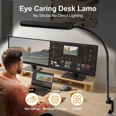 SKYLEO LED Desk Lamp with Adjustable Gooseneck - 80cm Height, 5 Color Modes, 11 Brightness Levels, Timer & Memory Function, 12W, Clamp-On Design