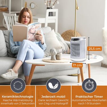 Електричний обігрівач Klamer 2000W з PTC-керамічним нагрівачем, 3 режими, таймер 9 год, термостат, захист від перегріву та перекидання, з пультом керування, білий