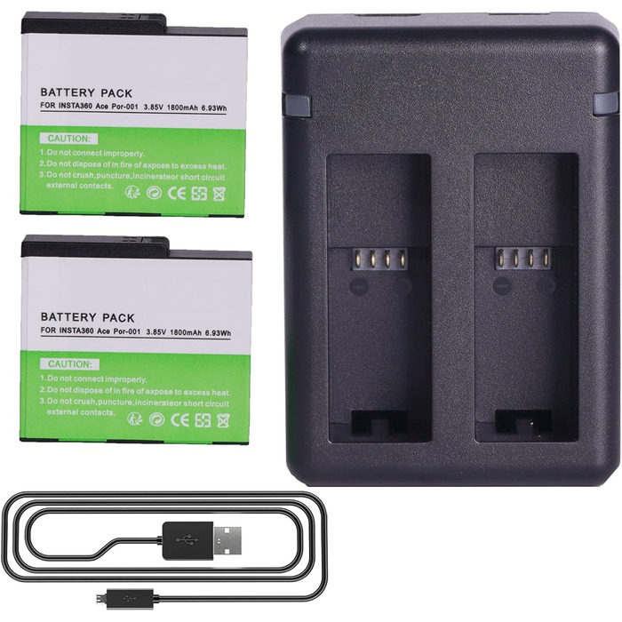 2 батареї Insta360 2800mAh з зарядним пристроєм USB-C, сумісні з Insta360 Action Camera, включаючи Micro SD картки (ACE)