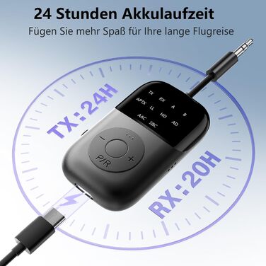 Bluetooth 5.4 адаптер 2-в-1 (передавач та приймач) з aptX Low Latency, 3.5 мм jack, для навушників, ТБ, авто та літака, чорний