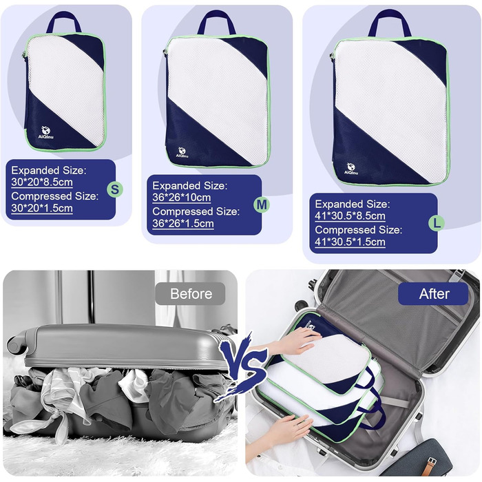Набір органайзерів для валізи AiQInu: 5 шт. Кубики-компресори для подорожей, з мішком для білизни та взуття, ультралегкі, розширювані