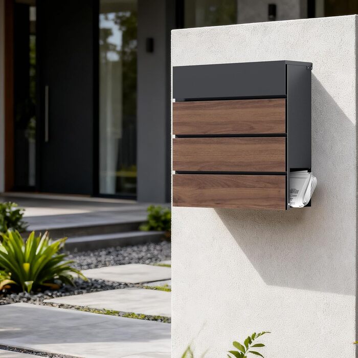 Поштова скринька настінна V63 Anthrazit з дерев'яним декором, сталь, з замком та м'якою кришкою, 410x130x370 мм