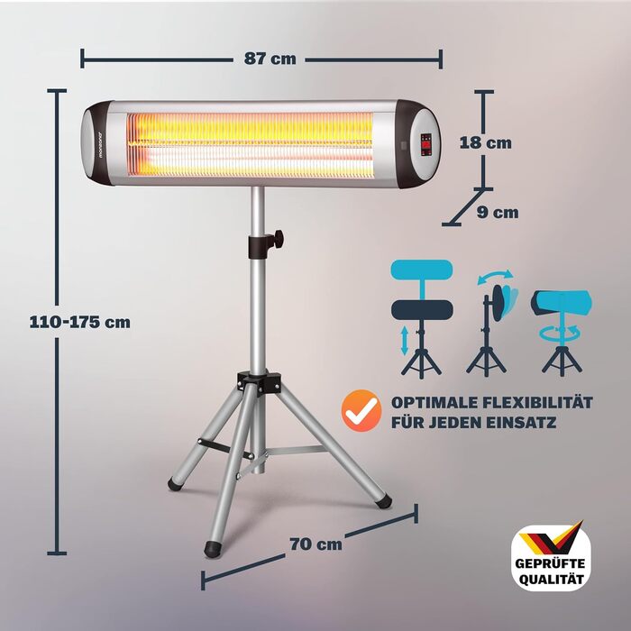 Інфрачервовий обігрівач MONZANA® MZH2501 з таймером, 2500W, 3 режими, 24 год, пульт ДУ, кут нахилу 90°, електричний, для тераси (сріблястий, з телескопічним штативом)