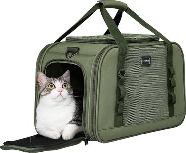 Транспортна переноска для кота та собаки Petsfit - міцна, дихаюча, з ковдрою та ручкою-телескопом, оливковий (49x23x28 см)