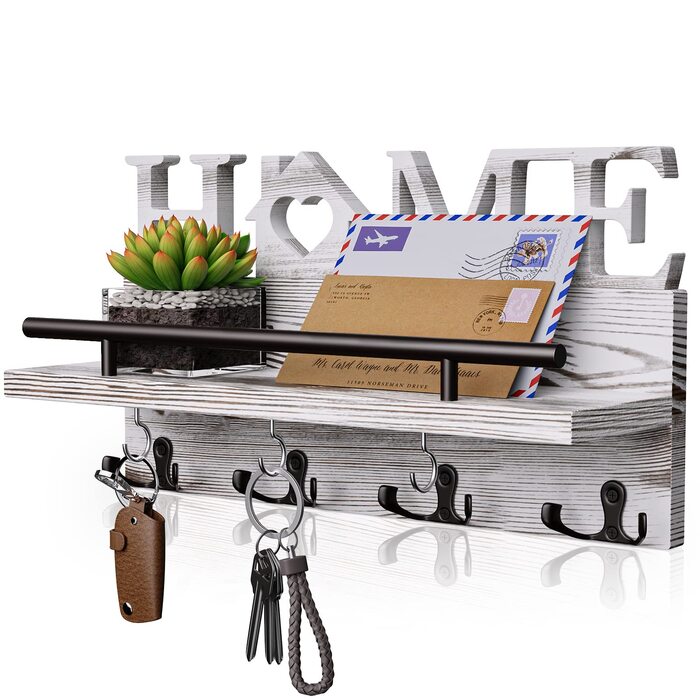 Дерев'яний органайзер для ключів з полицею на стіну - 7 гачків, Rustic дизайн (білий)