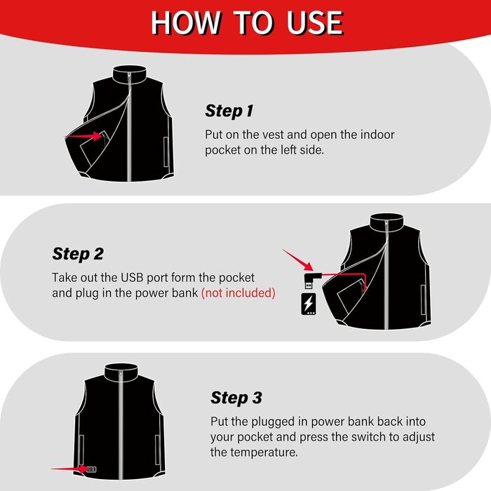 Обогревна жилетка для чоловіків та жінок, 6 зон нагріву, 3 температурні режими, для зимових видів спорту на відкритому повітрі, чорна жилетка з пухом, Back-EU (L)
