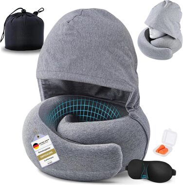 Подушка для шиї з великою капюшоном, Memory Foam, для подорожей, літаків та офісу