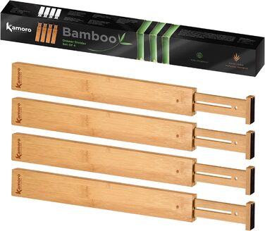 Kamoro Drawer Dividers made of natural bamboo [Set of 4] - With feather for secure hold and furniture-friendly ends - Adjustable drawer organizer between 44 and 56 cm - (Large, Natural)