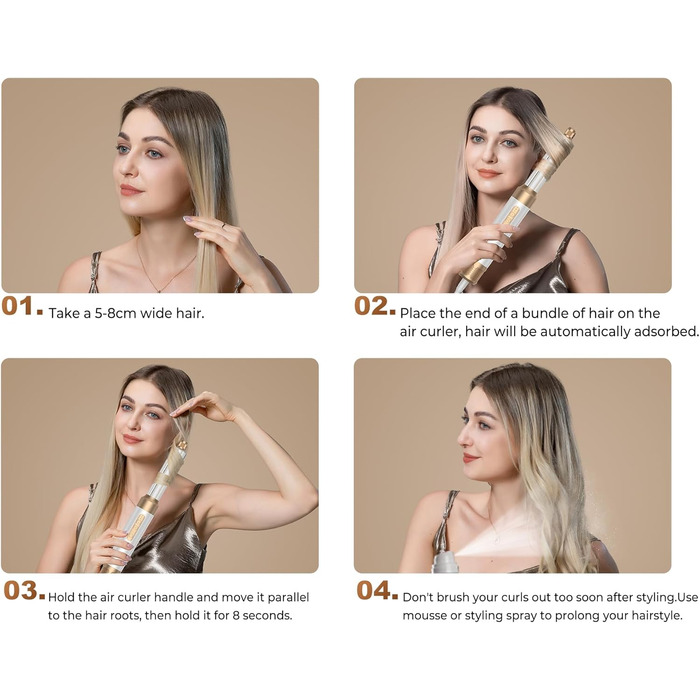 UKLISS Airstyler Pro 7-в-1: Фен-стайлер з авто-локоном, щіткою, випрямлячем, мультистайлером, зменшенням пуху, без екстремального нагріву, білий/золотий
