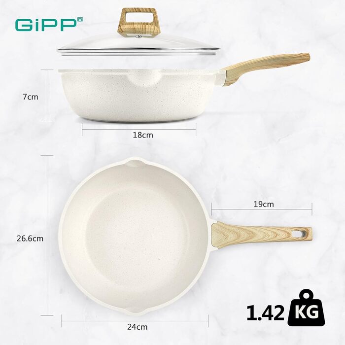 Сковорода з високим бортиком GiPP 24 см з кришкою, антипригарне покриття, 2.5 л, кераміка, для всіх типів плит, біла