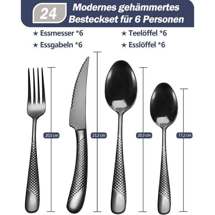 Сучасний набір столових приборів на 24 предмети: чорний, з нержавіючої сталі 18/10, з ножем 2-в-1 з хвилястим лезом, для 6 осіб