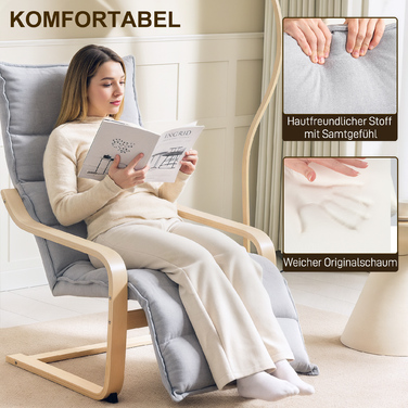 HOMCOM Lounger Chair with Adjustable Footrest, Velvet-Look for Living Room Rocking Chair with Armrests, Recliner, Reading Chair Light Grey | Aosom