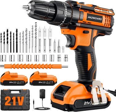 Акумуляторний шуруповерт AKZWOXRO 21V з 2 акумуляторами 2.0Ah, 42Nm, 2 швидкості, 25+3 ступені крутного моменту, патрон 10мм, LED, 30шт аксесуарів для дому та саду, помаранчевий колір