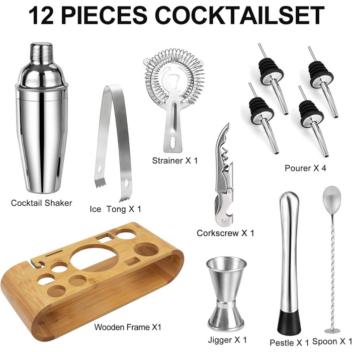 Набір для коктейлів, нержавіюча сталь, 750 мл, 12 предметів, професійний барний аксесуар для дому та бару