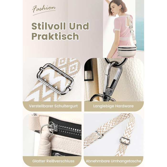 Жіноча сумка через плече FerLord з широким ременем, поясна сумка (бананка) з 3 відділеннями, стильна сумка-мішечок з PU шкіри, бежевий колір