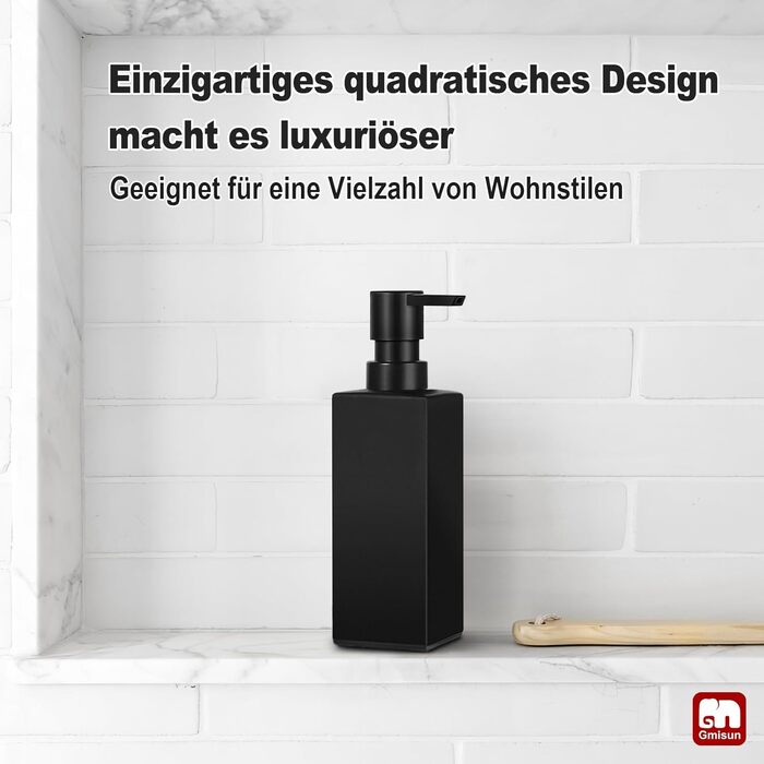 Диспенсер для мила GMISUN для ванної кімнати та кухні, 350 мл, чорний скляний, з піддоном та водонепроникними етикетками