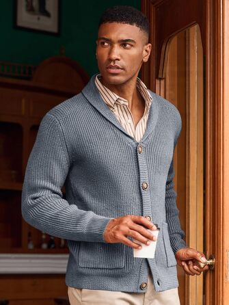 Чоловіча в'язана куртка Runcati з коміром-шарфом, візерунок коси, ґудзикова застібка, зимова, велика в'язана з кишенями, сірий XL