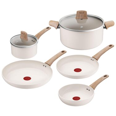 Набір посуду Tefal Cera Bright On 7 предметів: сковороди 20/24/28 см, каструля 16 см, каструля 24 см + кришки. Керамічне антипригарне покриття, алюмінієвий корпус (перероблений), індикатор нагріву Thermo Signal, для всіх типів плит, Бежево-сріблястий