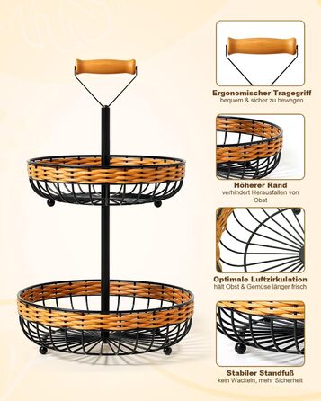 Двоярусний кошик для фруктів LEEJARD з синтетичного ротангу, знімний піддон, чорний (H:45 Dm:29 см)