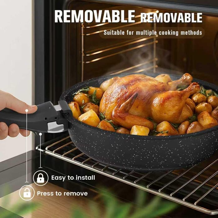 Набір посуду PureGlow Granit Antihaft з знімними ручками (10 предметів) – сковорода, каструлі з кришками, індукційний, для плити, духовки, чорний