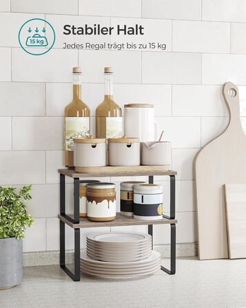 SONGMICS Spice Rack, 4-Piece Set, Kitchen Shelf, Kitchen Organizer, Expandable, Spice Holder, Stackable, with Metal Frame, 19.5 x 29.7 x 15.8 cm, Ink Black-Natural Beige KCS10NB (Ink Black + Greige Melange, 29.7B cm)
