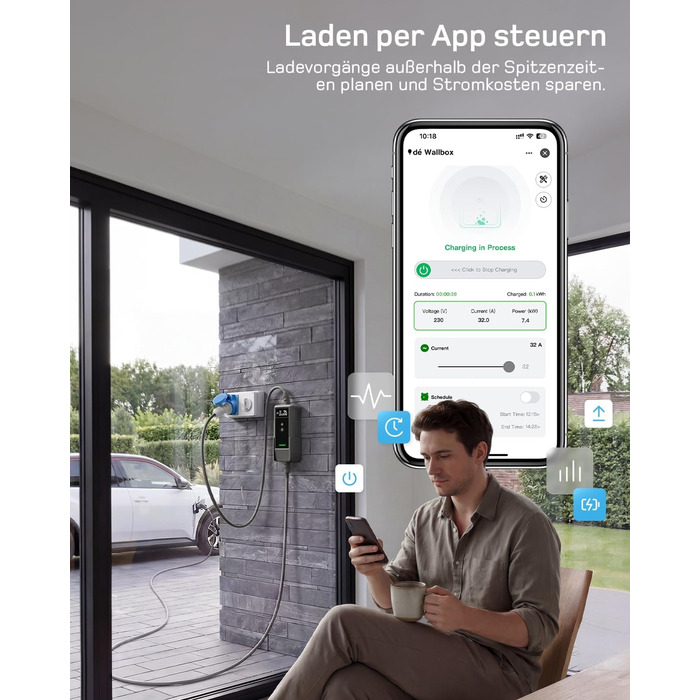 Зарядний пристрій для електромобілів Dé Mobile Wallbox 7.4 кВт з Wi-Fi, кабель Type 2 6м (1 фаза, 6-32A) для Tesla Model Y/3, VW ID.3/4/5/7, Skoda Enyaq