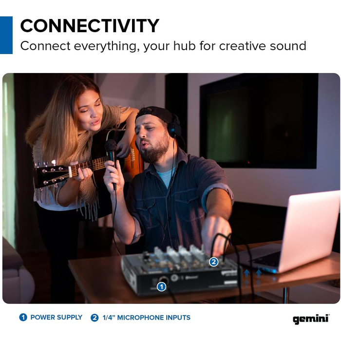 Мікшерний пульт Gemini GEM 08 USB, Bluetooth, 8 каналів, фантомне живлення, USB медіаплеєр, для стрімінгу