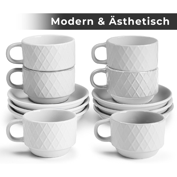 MIAMI – 6 x 75 ml Espresso Cups/Espresso Cup Set with Stand Stoneware Ceramic - Palmanova Collection (White)