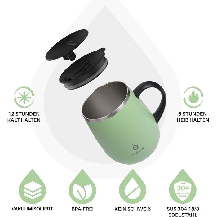 Кружка для кави та чаю Ideus 470 мл з нержавіючої сталі, подвійні стінки, вакуумна ізоляція, зелена