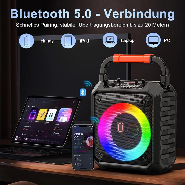 Караоке машина JYX з 2 бездротовими мікрофонами, портативна Bluetooth колонка з RGB-підсвіткою, караоке система для дому, вечірки, PA-система для дорослих, Partybox чорного кольору