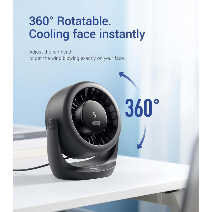USB Turbo вентилятор для столу Diveblues TurboBreeze Klassisch: тихий, потужний, з LED-дисплеєм, 5 швидкостей, 360° обертання, портативний для дому, офісу та відпочинку – чорний