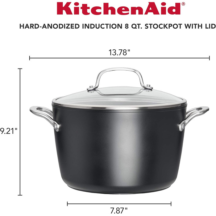 KitchenAid 80128 Hard Anodized Induction Stock Pot with Lid, Nonstick Coating, Aluminum, Matte Black Stock Pot (8 Quart)