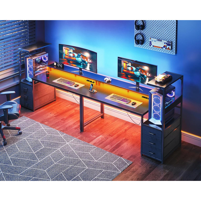 Ігровий стіл Coleshome з шухлядами, 151x50 см, з LED-підсвічуванням та розеткою, стіл для комп'ютера з полицями та підставкою для монітора, карбонове волокно, чорний