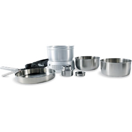 Набір для кемпінгу Tatonka Multi Set + Spiritus Burner (8 предметів) - кухонне приладдя з нержавіючої сталі з пальниковим пальником (сковорода, 2 казани, затискний тримач, вітрозахист, рамка для приготування їжі та пальник)