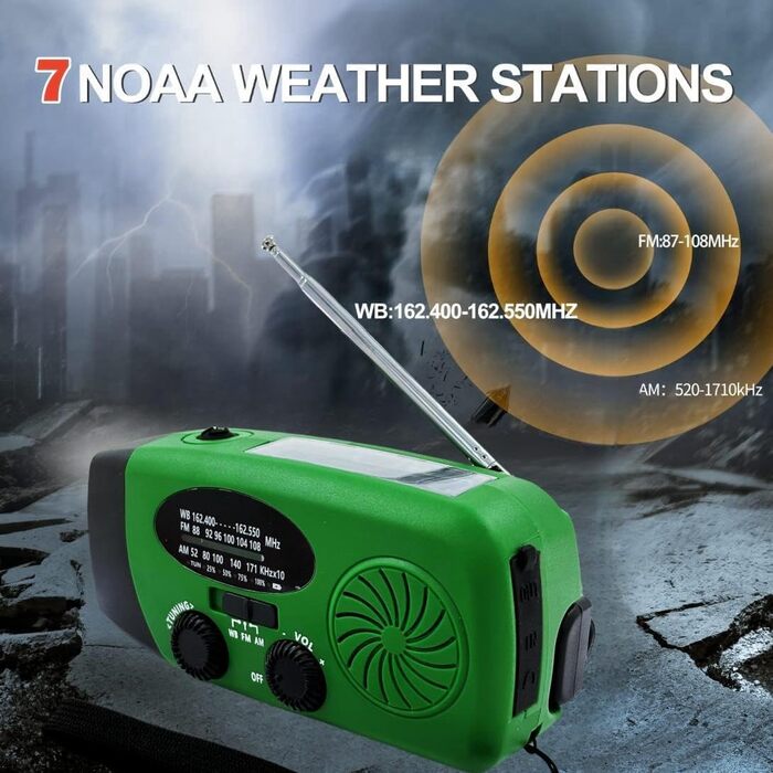 Радіо на сонячній батареї з ручним заводом 2000mAh, AM/FM/NOAA, зарядний пристрій для телефону з SOS, ліхтарик LED, вихід для навушників, портативний аварійний радіоприймач (Зелений)