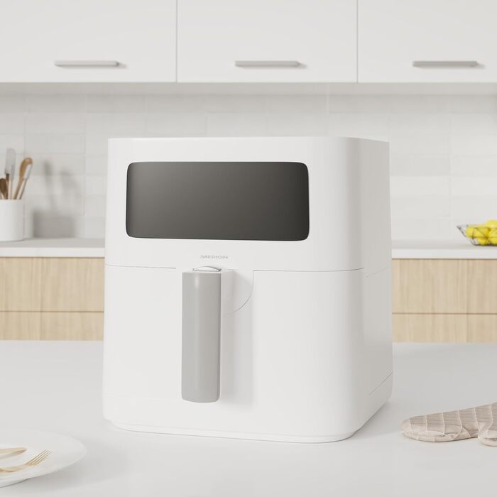 MEDION E40 XL Фритюрниця з гарячим повітрям MD11740 (5.2 л, 2150 Вт, 9 програм, функція випікання, без олії, сенсорне управління, LED дисплей, білий)