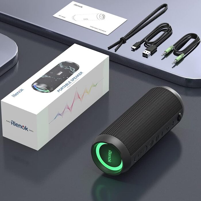 Портативна Bluetooth колонка RIENOK з підсвічуванням, IPX7, 3600 mAh, чорна