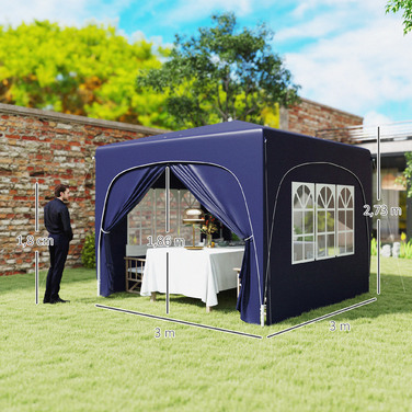 Outsunny 3x3m Gazebo, Water-Resistant, Stable, Winter-Proof, Pop-Up Folding Gazebo, UV Protection 50+, Foldable Party Tent, Garden Tent with 4 Side Walls, Bag, Garden Gazebo for Camping, Garden, Dark Blue | Aosom