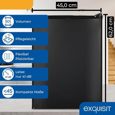 Exquisit KB560-V-091E: Міні-холодильник чорного кольору, 50 літрів, LED-підсвітка, регулювання температури, ширина 45 см